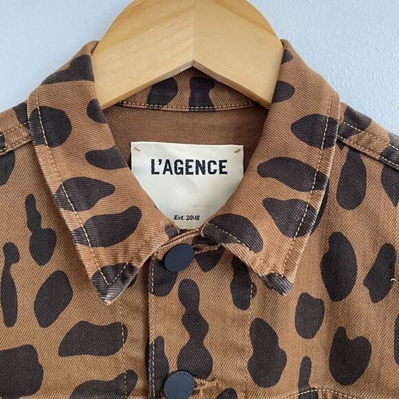 L'Agence Celine Animal Print Denim Jean Jacket Brown Small Button Front Mobwife - Picture 3 of 9